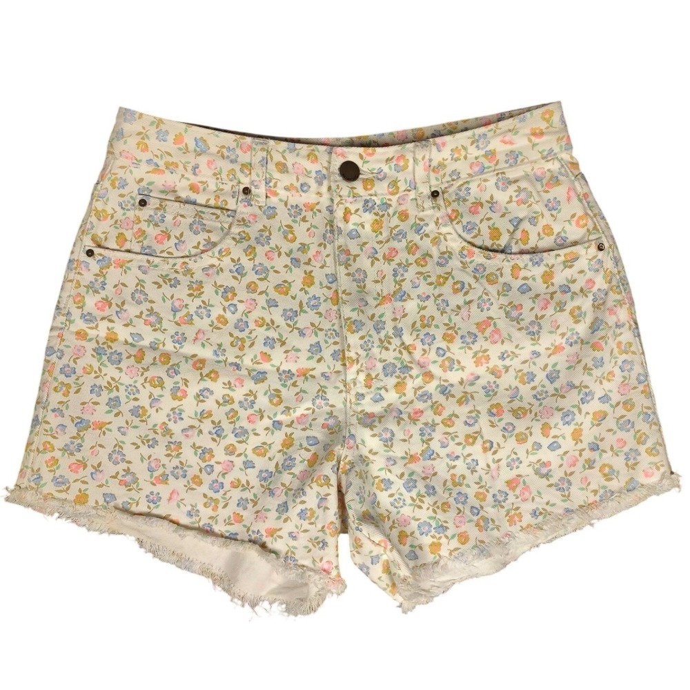 Billabong Womens Floral Denim Shorts Cream Pastel High Waisted Raw Hem Size 30